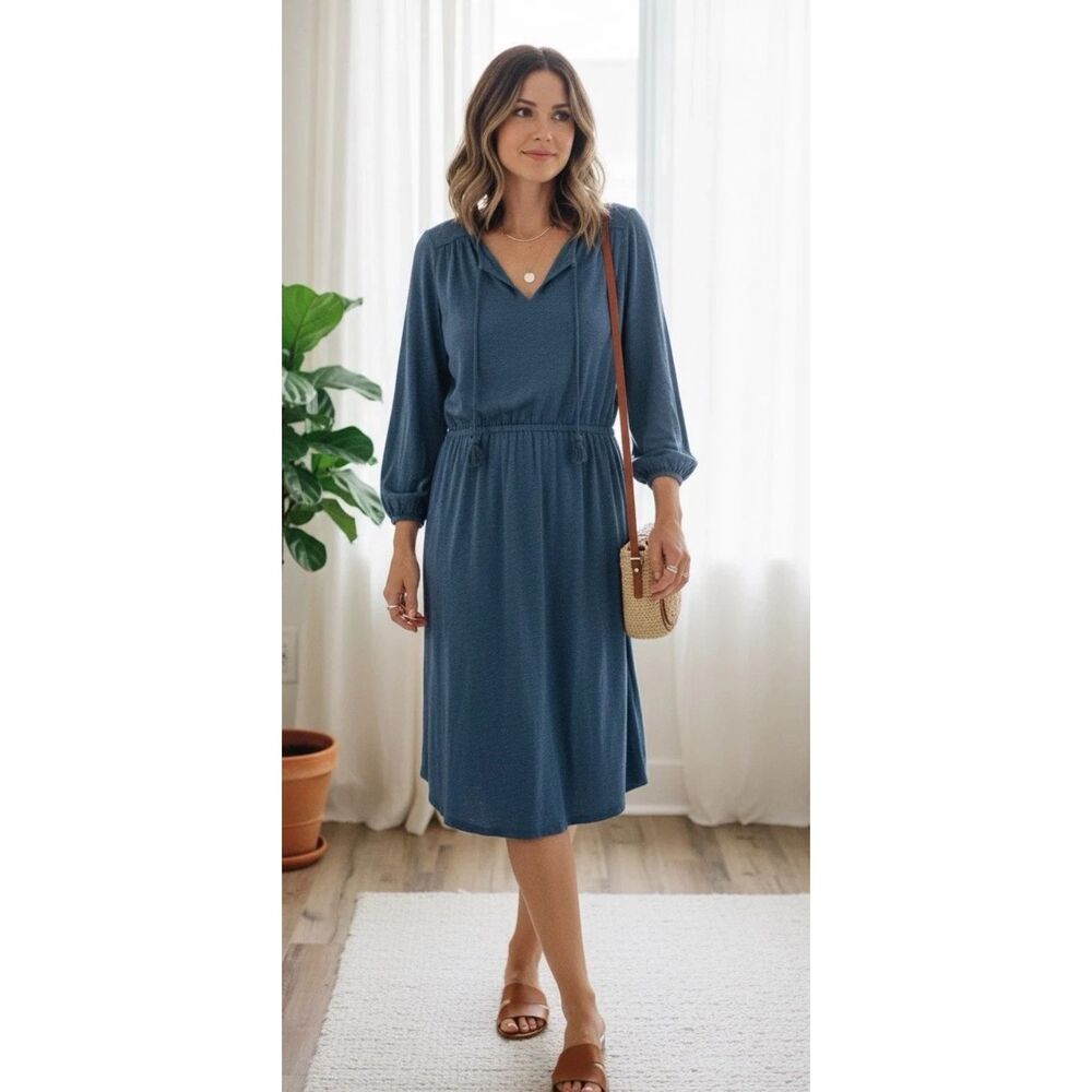 Boden Women's US 6 Long Blue Linen Blend Boho Tassel Tie Long Sleeve Midi Dress